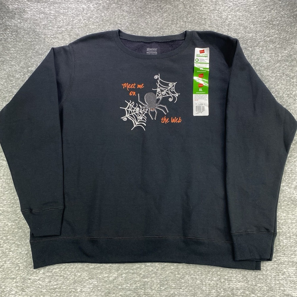 Hanes Soft Sweats Halloween Sweatshirt XL Spider Web "Meet Me on the Web" Black